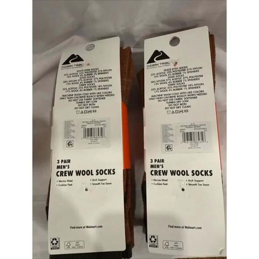 3 Pairs Ozark Trail Crew Socks Arch Support Wool Blend Brown Men's Size 6-12 x 2